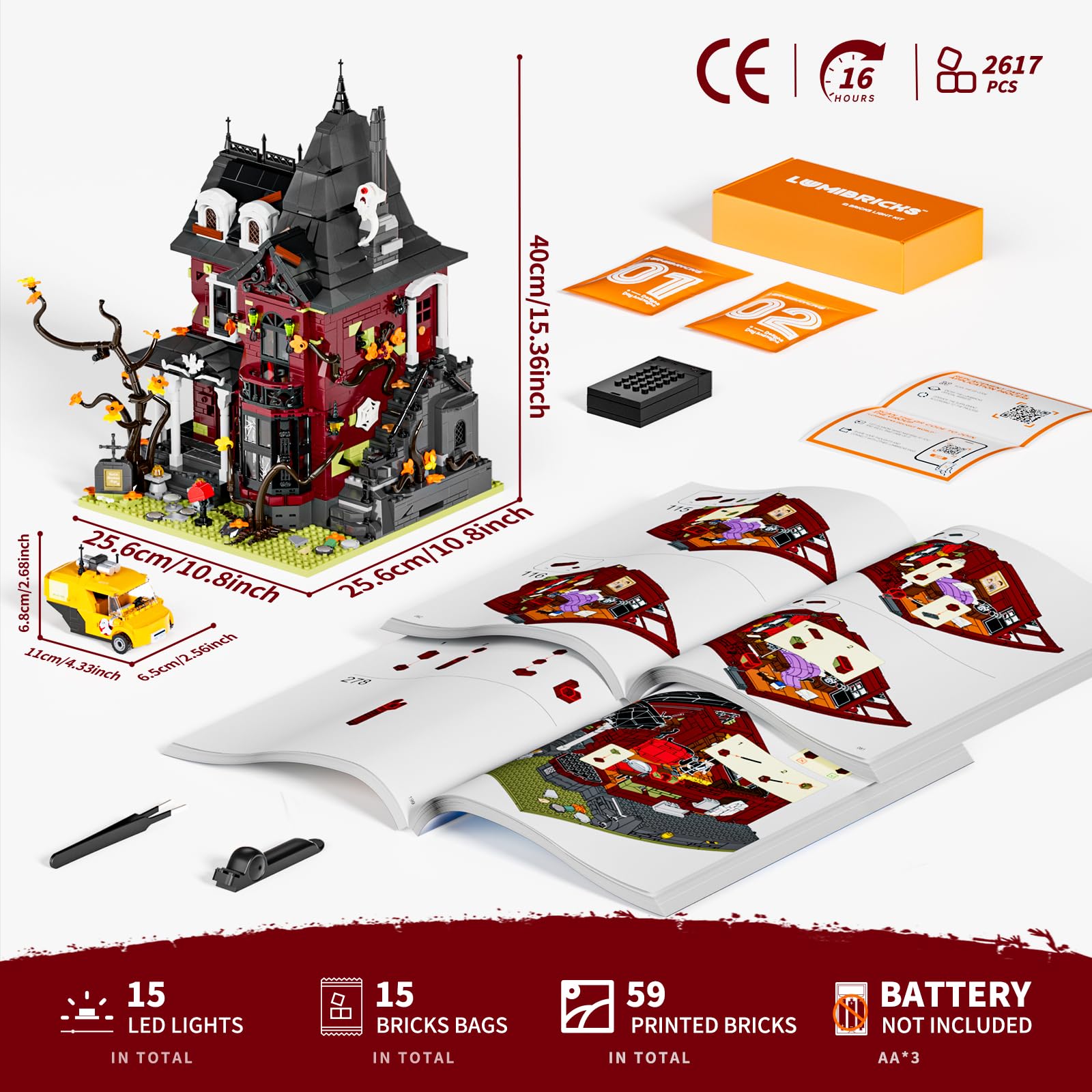 Lumibricks Halloween Midnight Haunted Mansion Lighting Building Bricks Set - Ghost Specter Phantom House City Town Modular Collection Kit 2617 Pcs for Adults & Teens - Image 7