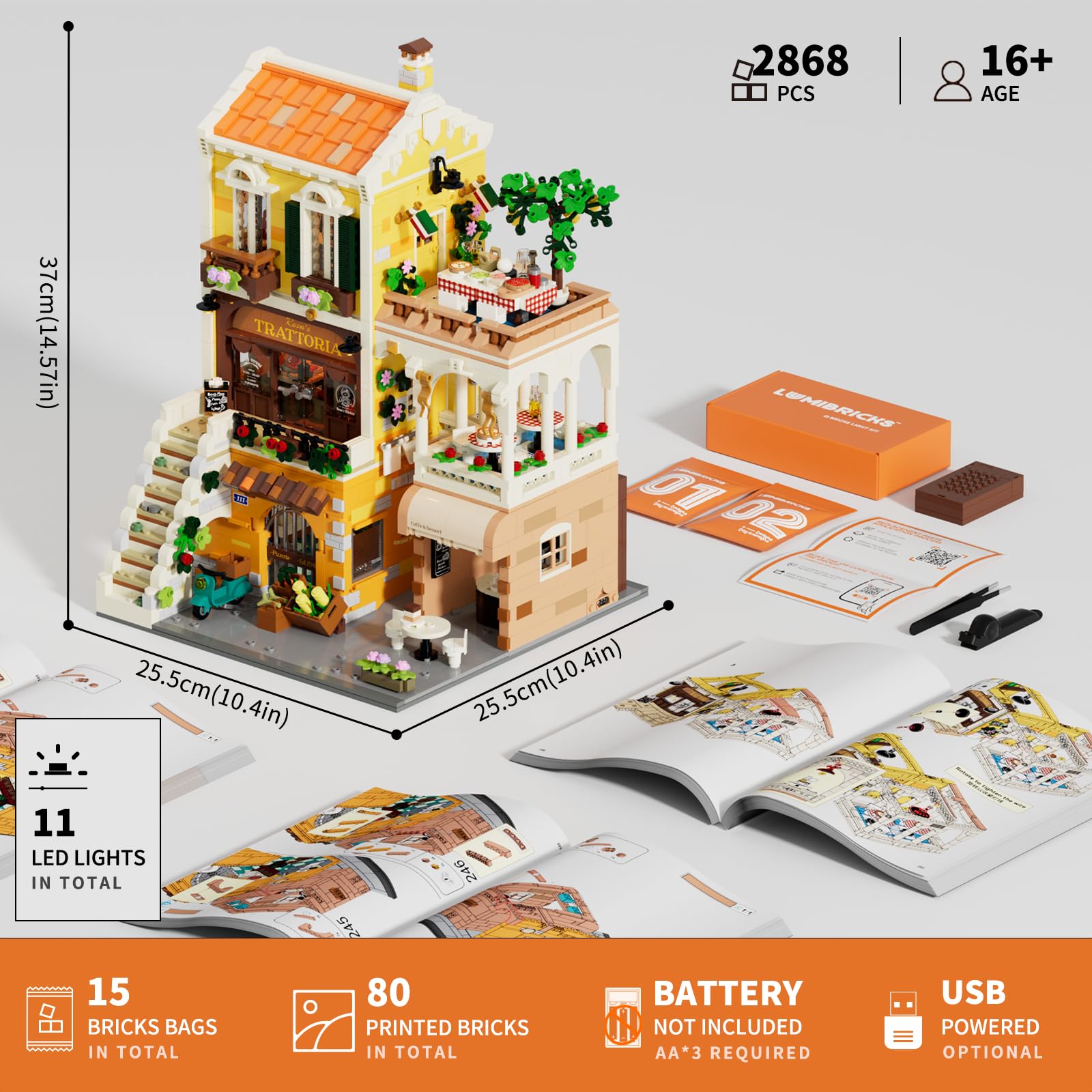 Lumibricks Italian Homestyle Restaurant Lighting Building-Bricks Set – City Town Modular Italian Trattoria & Café LED Light Building Kit 2868 Pcs Construction Set for Adults and Teens - Image 6