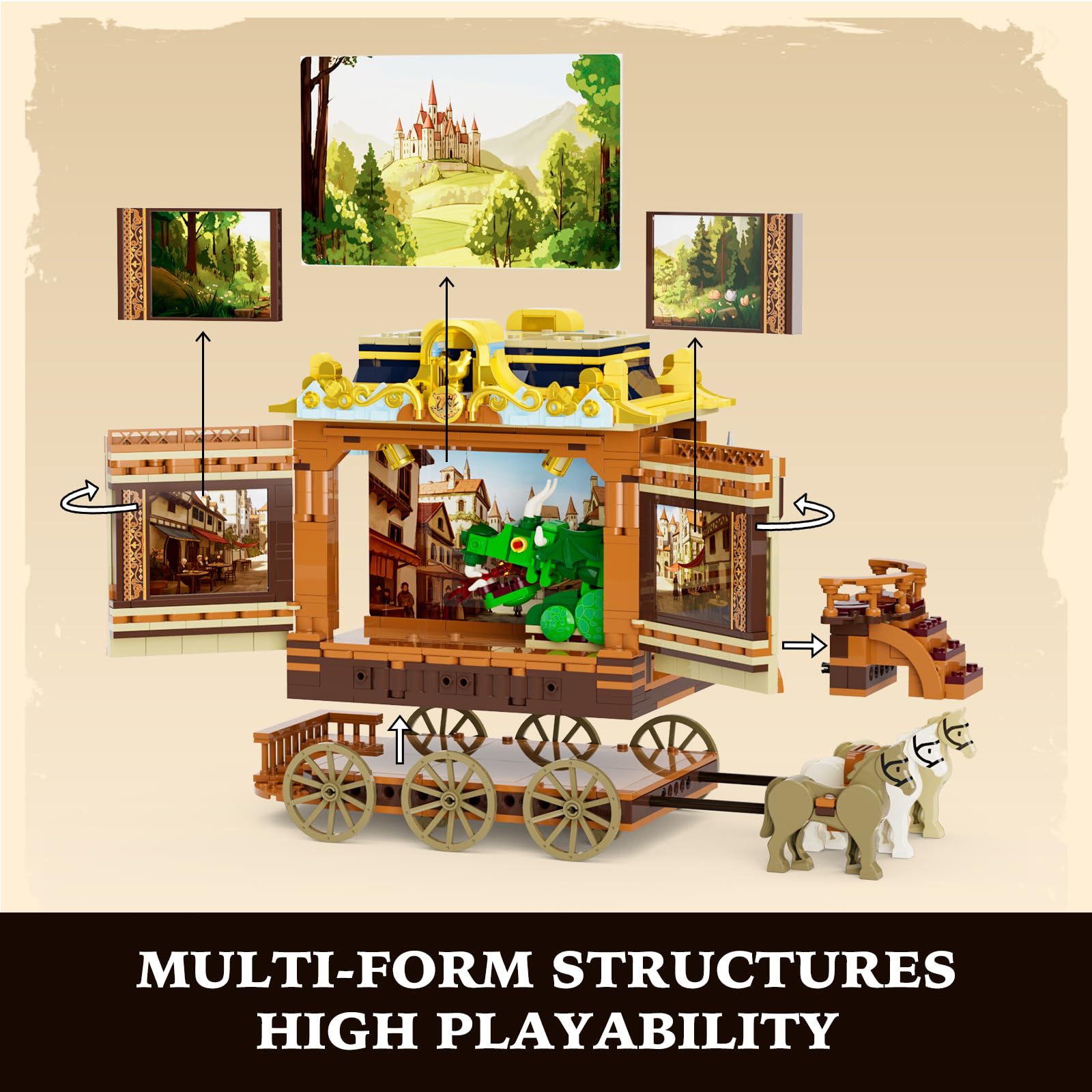 Lumibricks Medieval Troupe Carriage Lighting Building Bricks Set - Middle Ages City Town Playset Multi-Form Modular Collection Display Kit with Minifigures 1248 Pcs for Adults & Teens - Image 4