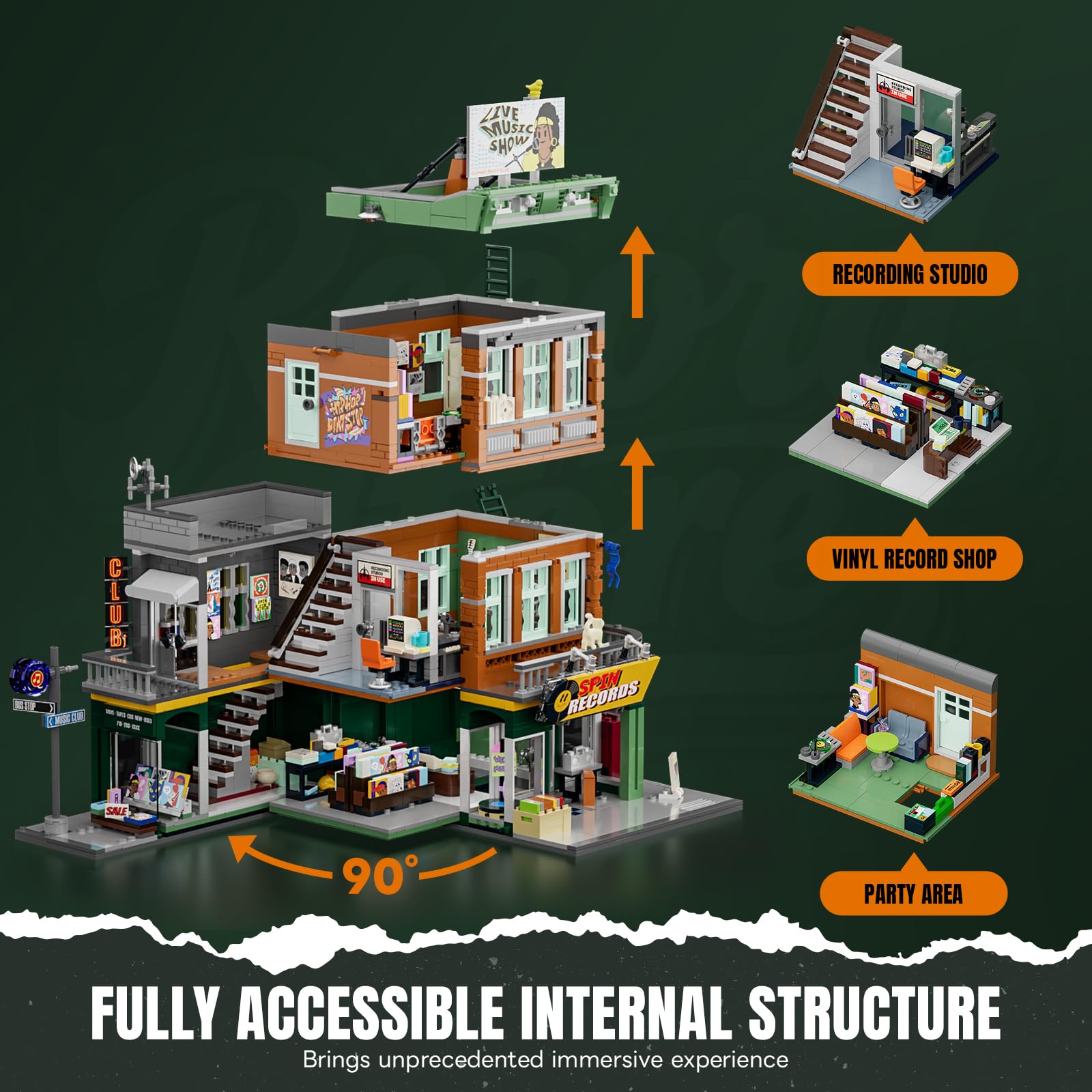 LUMIBRICKS Record Store Lighting Building Bricks Set - Street Fusion City Town Audio Shop Multi-Form Modular Collection Kit 1980 Pcs for Adults & Teen & Music Lovers - Image 3