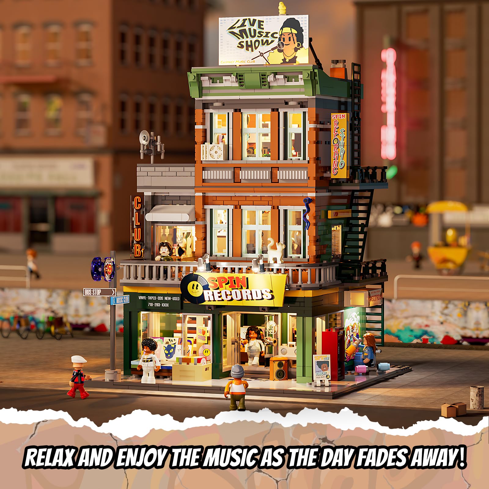 LUMIBRICKS Record Store Lighting Building Bricks Set - Street Fusion City Town Audio Shop Multi-Form Modular Collection Kit 1980 Pcs for Adults & Teen & Music Lovers - Image 7