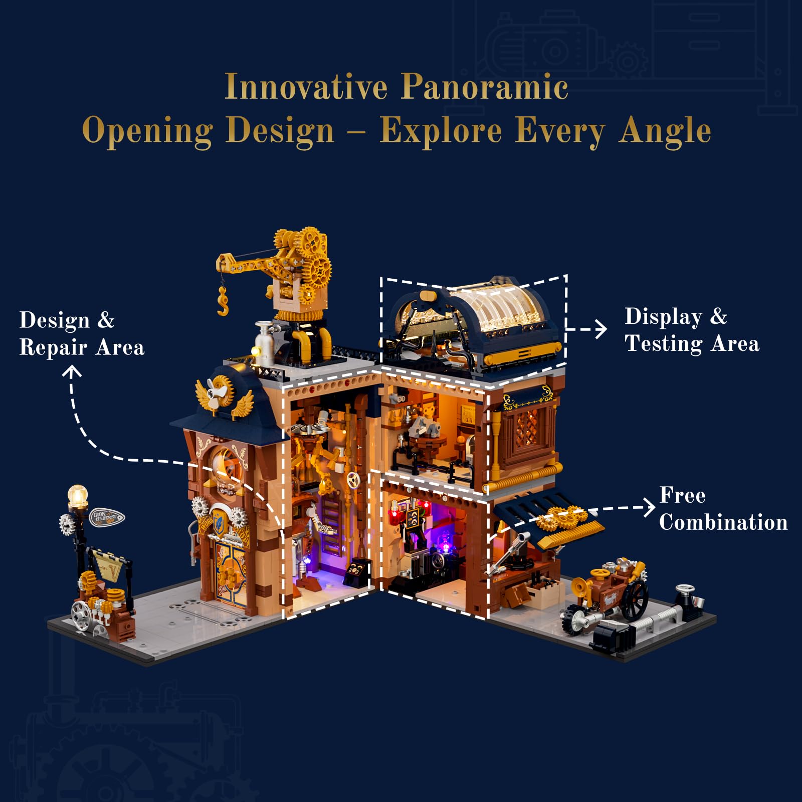 Lumibricks Steampunk Mechanical Workshop Lighting Building-Bricks Set, 2006 Pcs The Sky-Lane Repair Shop Modular Building from Aeronauts Collection Display Set for Adults and Steampunk Lovers - Image 5