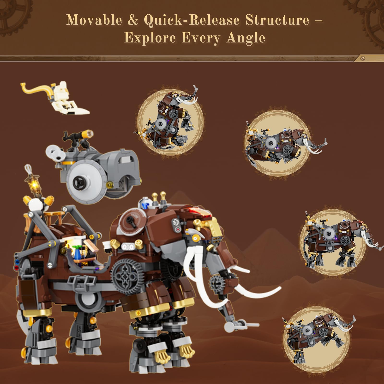 Lumibricks Steampunk Steamphant Lighting Building Bricks Set - Mammoth Model Playset Collection Display kit with Minifigures 1055 Pcs for Adults & Teens & Steampunk Lovers - Image 3