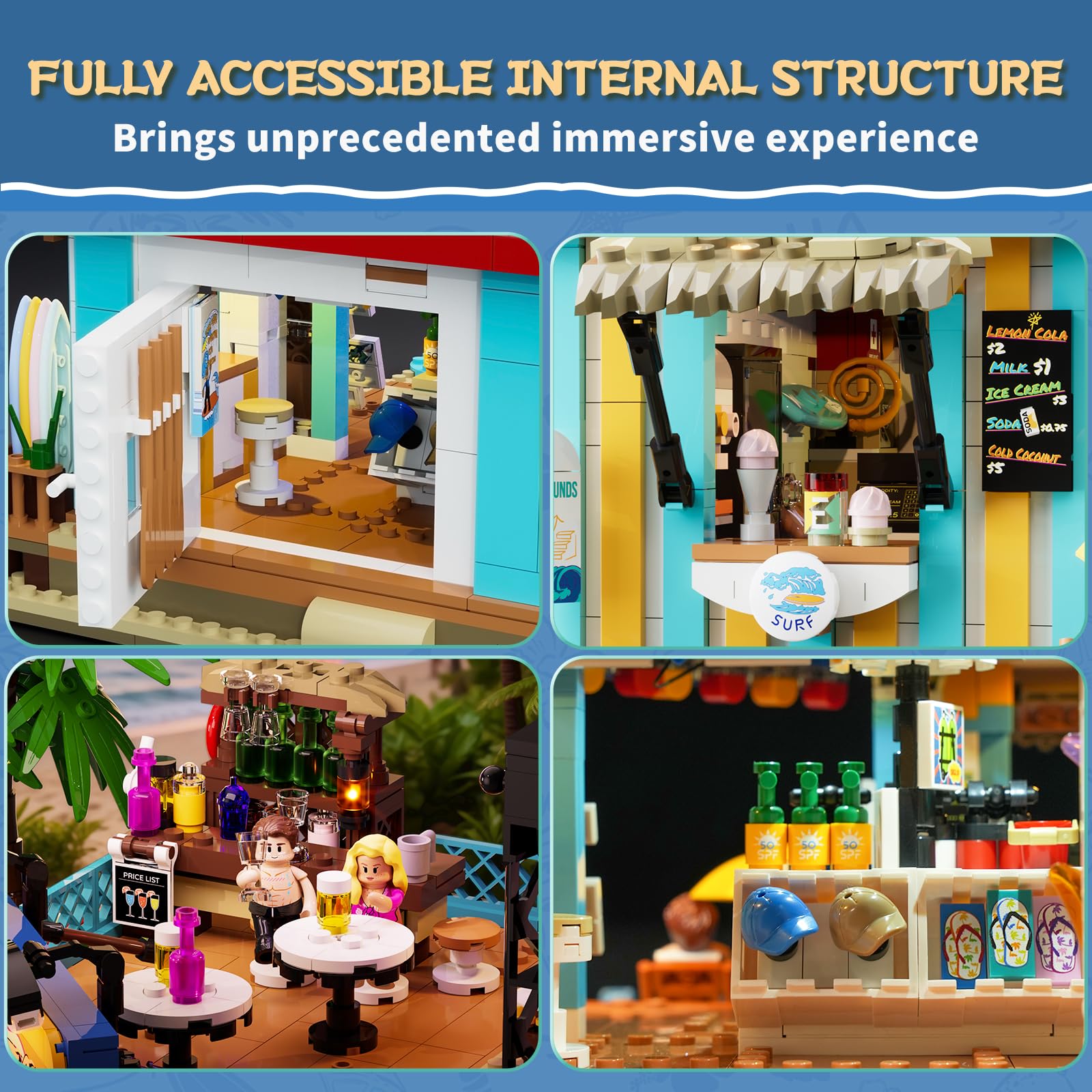 Lumibricks Surf Shop Lighting Building Bricks Set - Coast Club Modular Collection Display Kit with LED and Minifigures 1752 Pcs for Adults & Teens & Marine Enthusiasts - Image 6