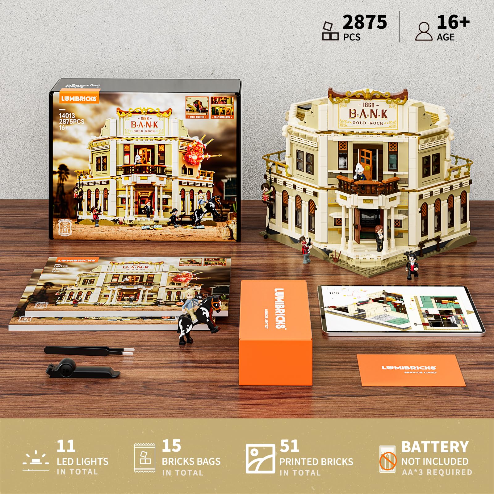 Lumibricks Western Bank Heist Lighting Building-Bricks Set - Wild West Outlaw Gold Heist 2875 Pcs Collection Display Set for West Lovers - Image 5