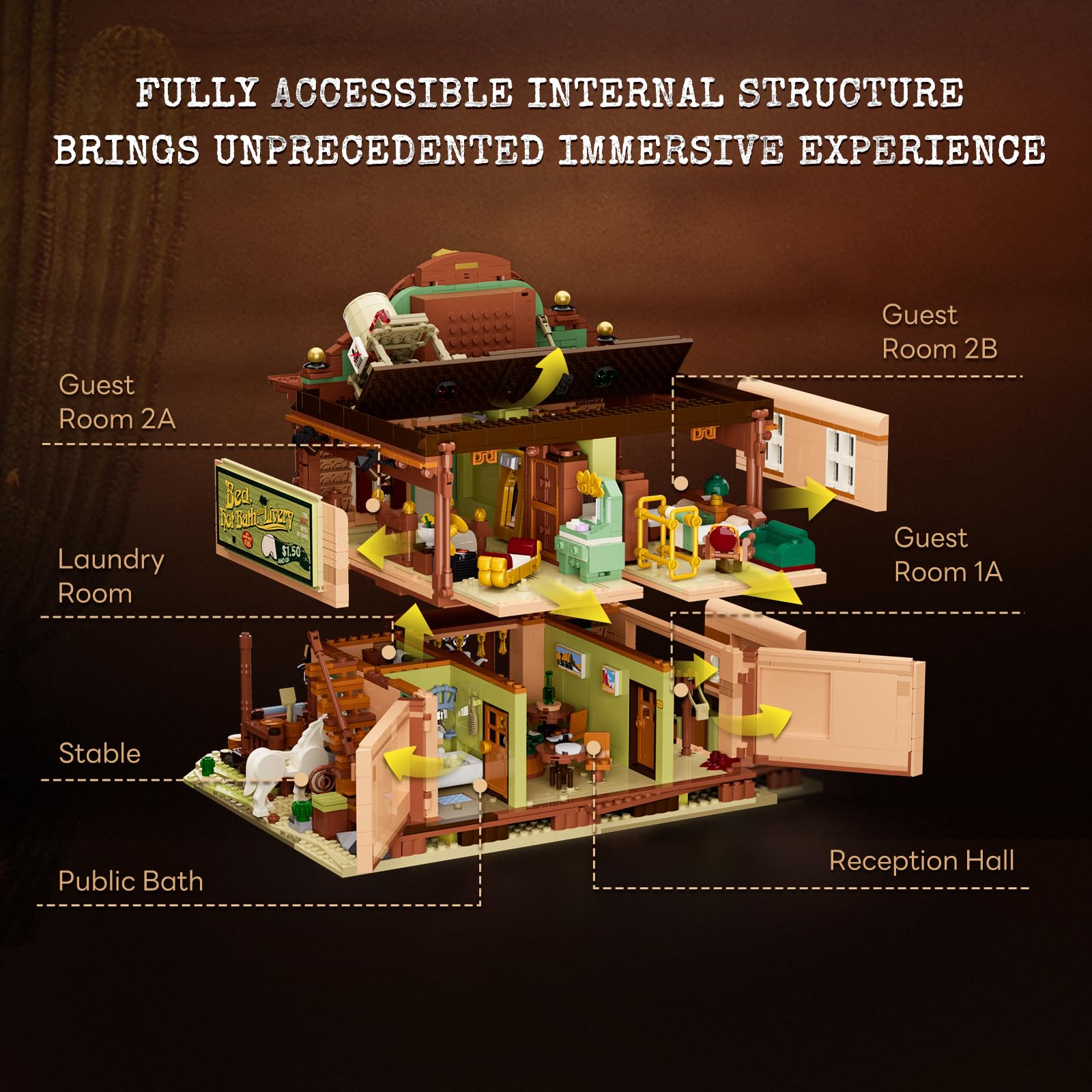 Lumibricks Western-Inn Lighting-Building-Bricks Set - 2682 Pcs The Old West Inn Light Construction Hotel Building Model Set for Adults and West Lovers - Image 3