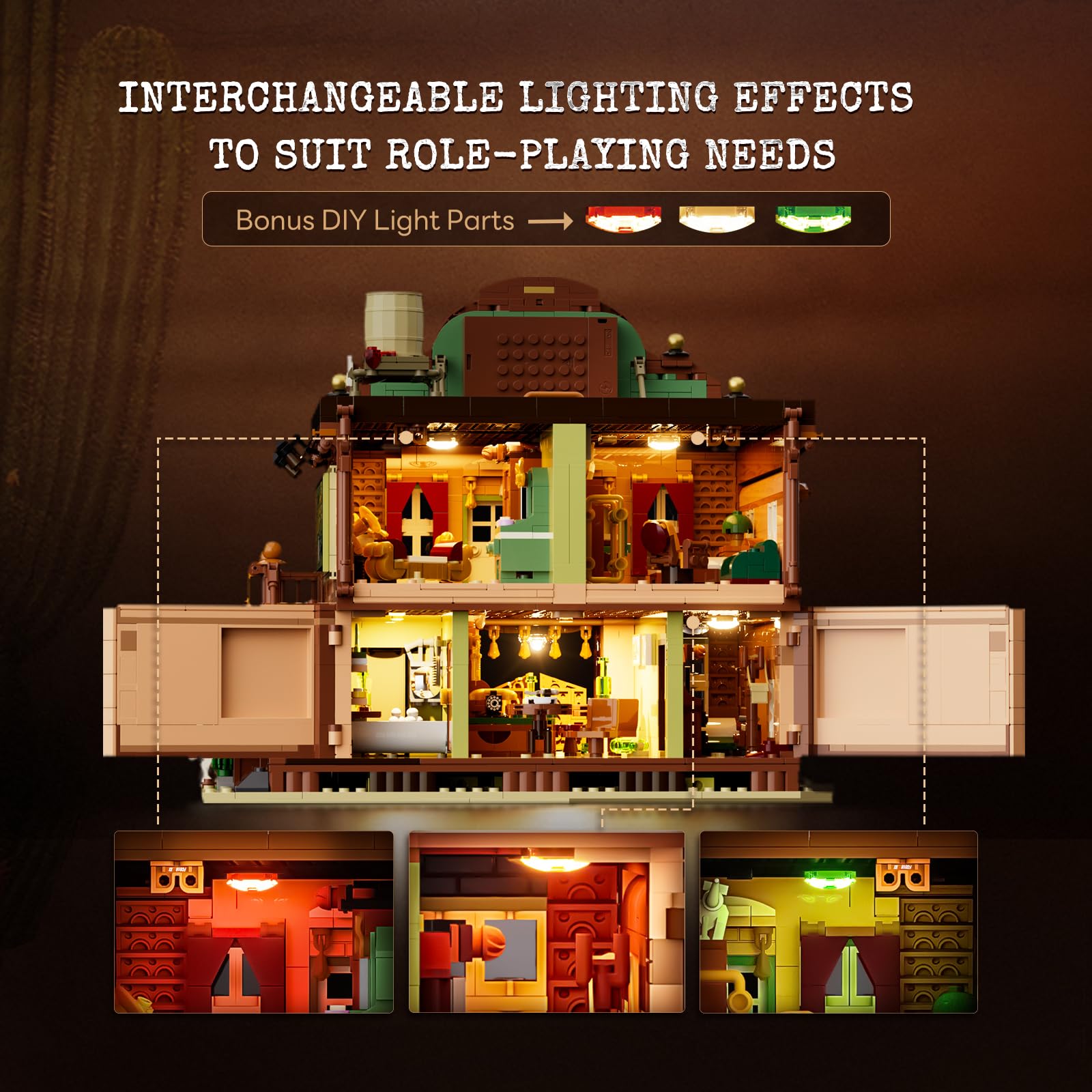 Lumibricks Western-Inn Lighting-Building-Bricks Set - 2682 Pcs The Old West Inn Light Construction Hotel Building Model Set for Adults and West Lovers - Image 4