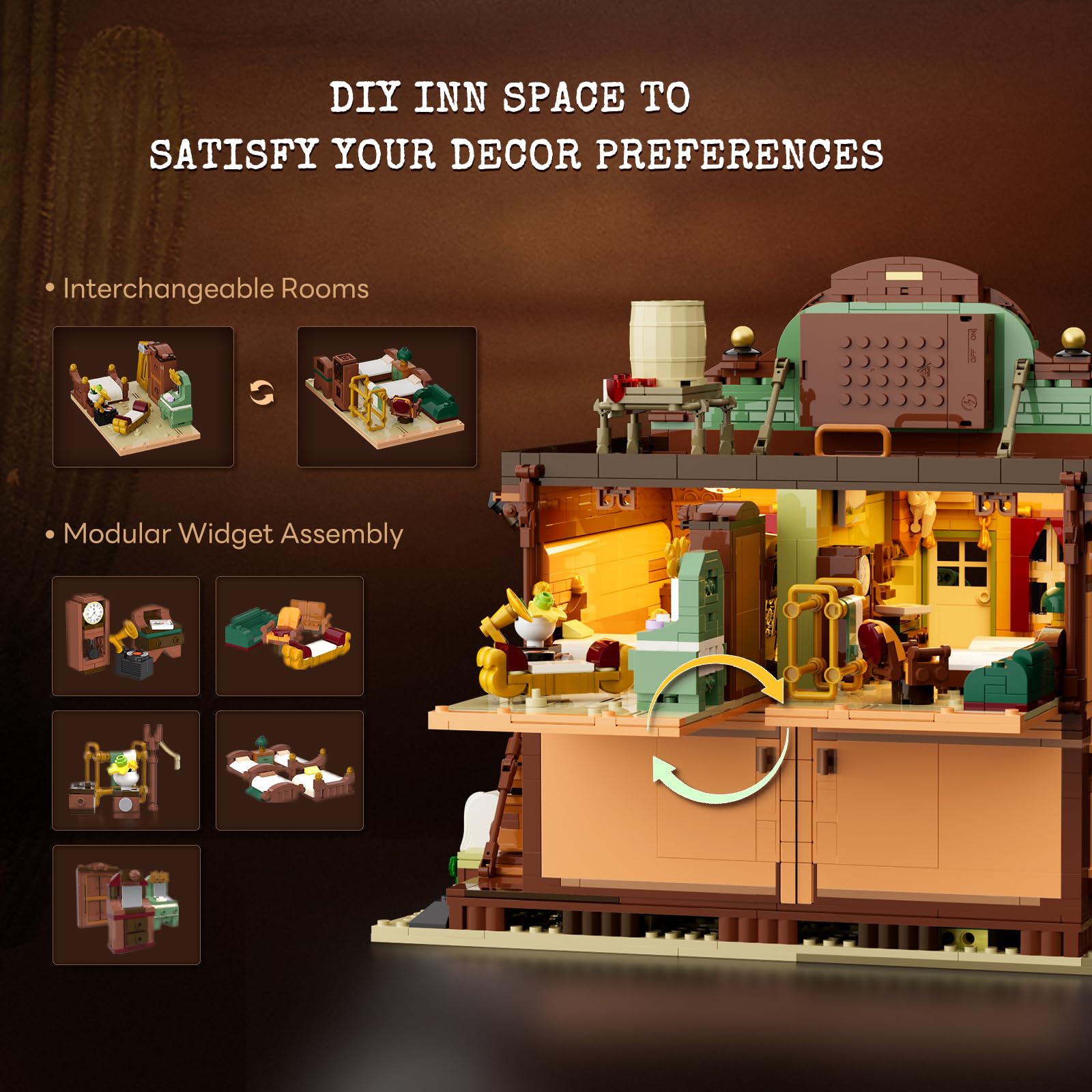 Lumibricks Western-Inn Lighting-Building-Bricks Set - 2682 Pcs The Old West Inn Light Construction Hotel Building Model Set for Adults and West Lovers - Image 5