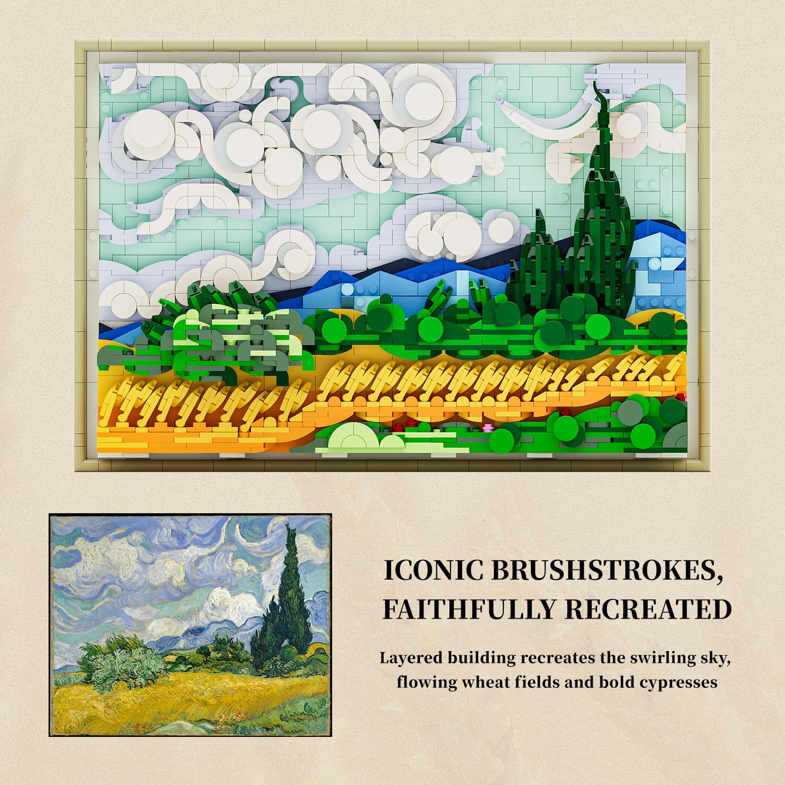 Lumibricks Wheat Field with Cypresses Building Blocks Set with Lights - 3D Wall Art Home & Office Decor - Gift for Adults & Visual Art Lovers - Image 3